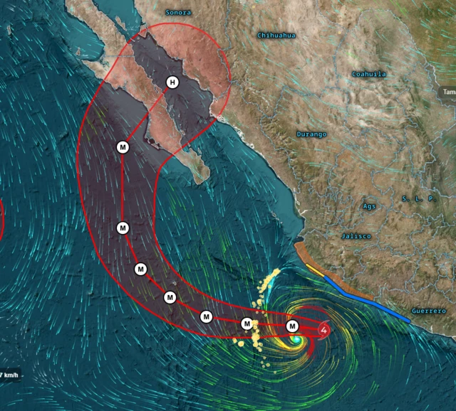 La trayectoria prevista del huracán Polo en un mapa