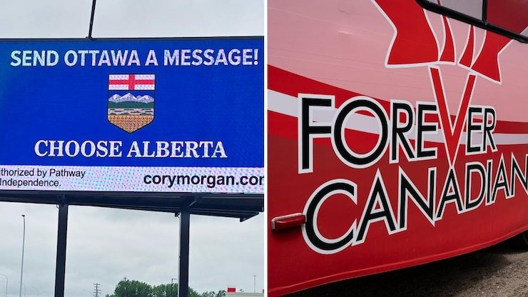 Dos carteles en torno al referéndum en Alberta.